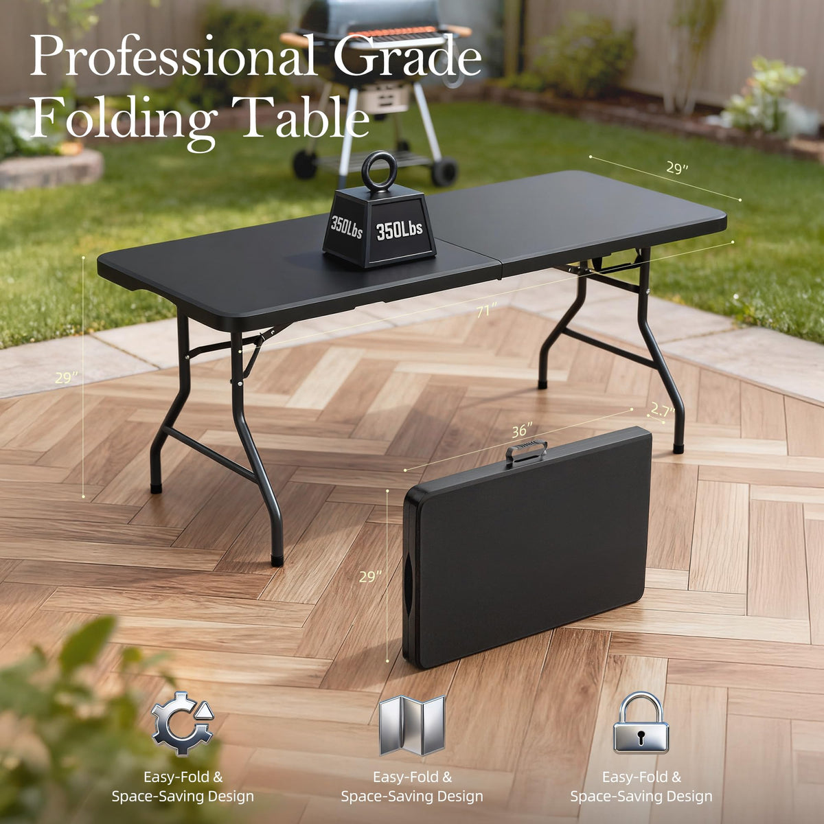6FT Black Plastic Folding Table with Carrying Handle X1678