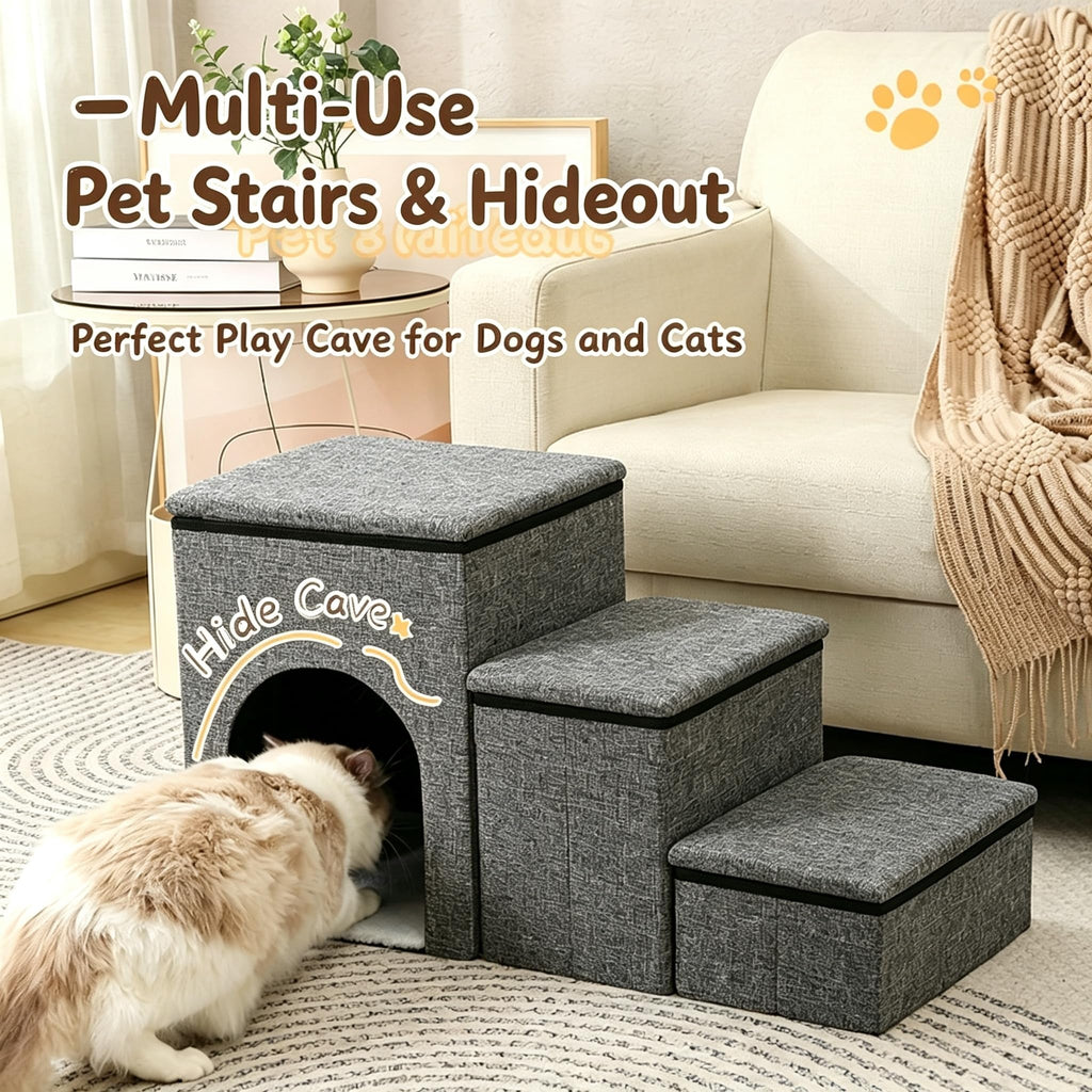 Foldable 3-Step Pet Stairs with Storage & Cat House X9459