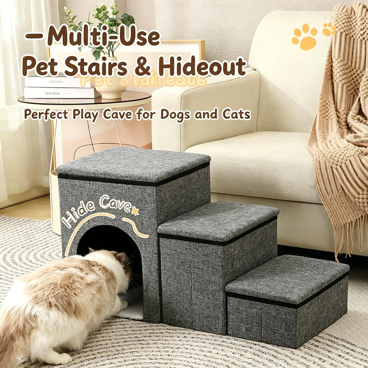 Foldable 3-Step Pet Stairs with Storage & Cat House X9459