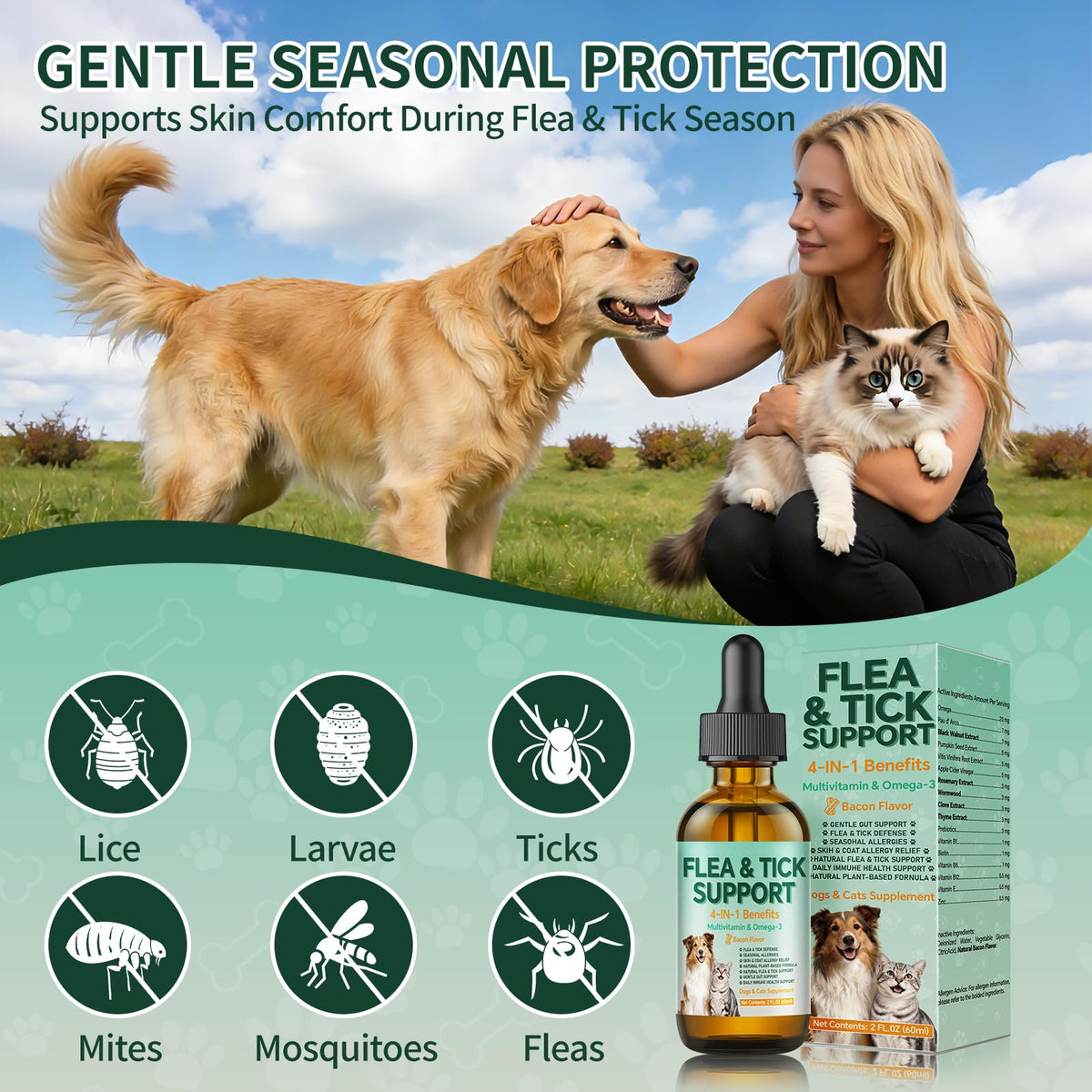 Flea and Tick Drops Supplement with Multivitamins & Omega-3 60ml P33692