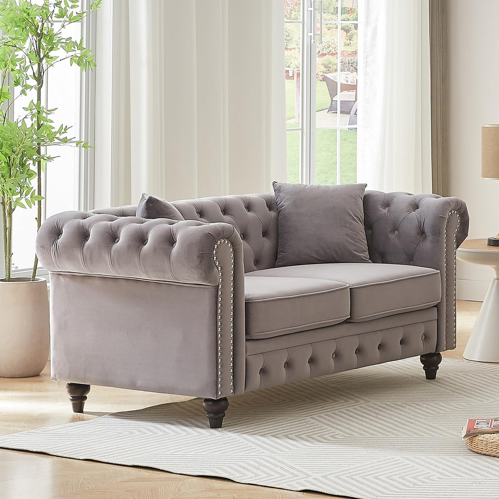 Light Grey Velvet Button Tufted Loveseat Sofa W85782