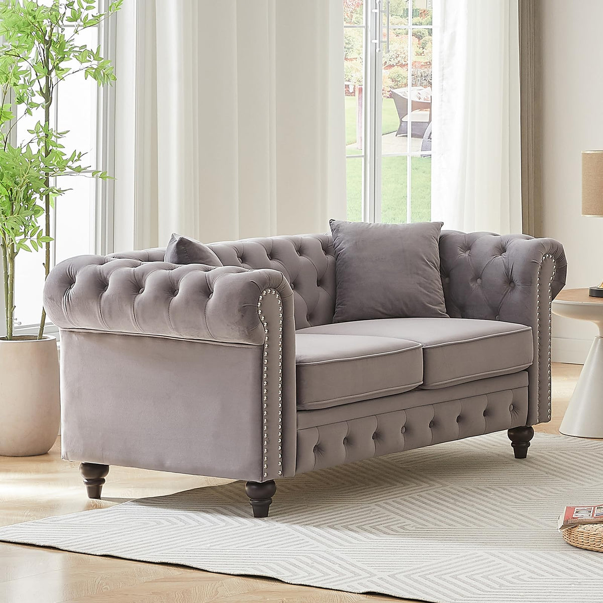 Light Grey Velvet Button Tufted Loveseat Sofa W85782