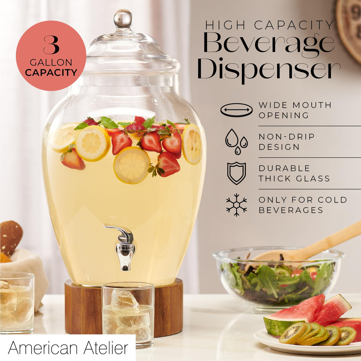 Glass Beverage Dispenser with Wood Base, 3 Gallon G410