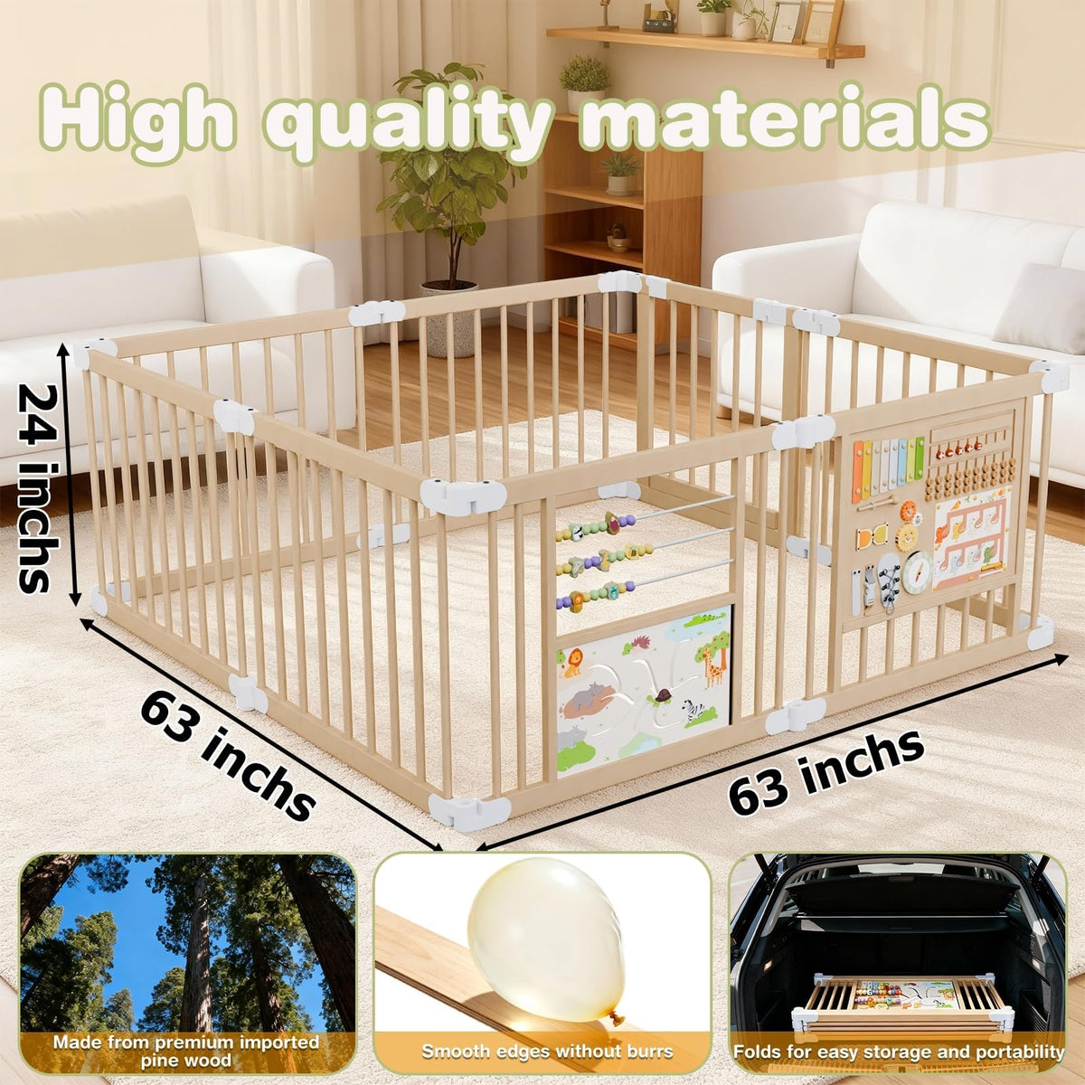 Foldable Wooden Baby Playpen with Toy Set N471