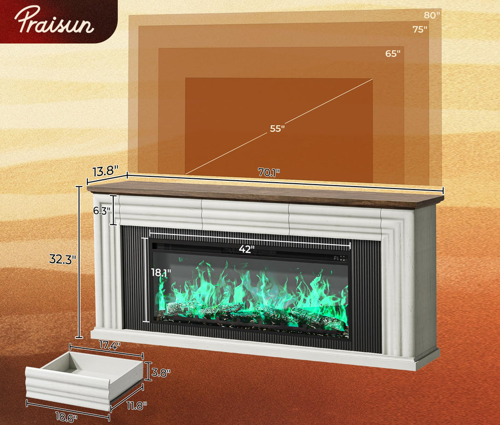 70'' TV Stand with 42'' Electric Fireplace, 3 Drawers, Distressed White P363259