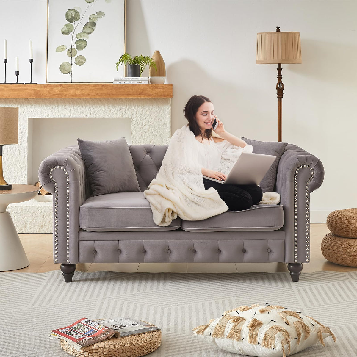 Light Grey Velvet Button Tufted Loveseat Sofa W85782