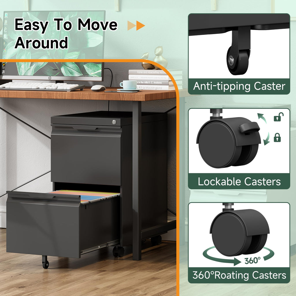 Black 2 Drawer Metal Rolling File Cabinet with Lock B10221
