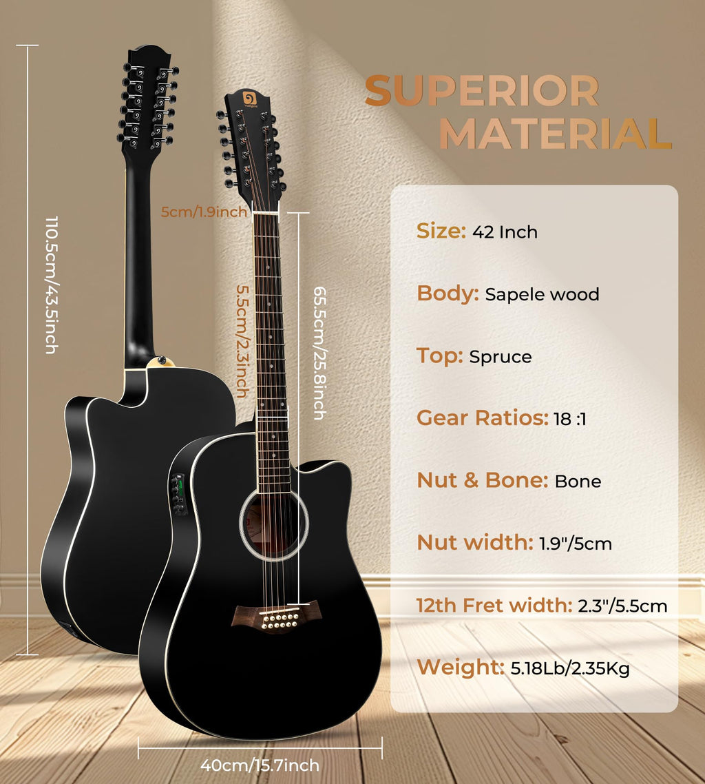 12 String Acoustic Electric Guitar Spruce Top Bone Nut Black Matte X91908