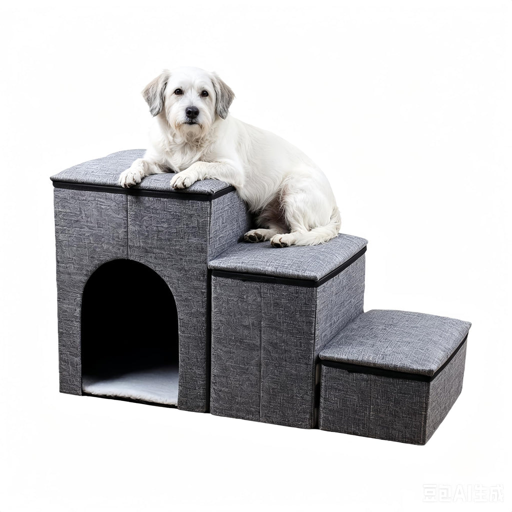 Foldable 3-Step Pet Stairs with Storage & Cat House X9459