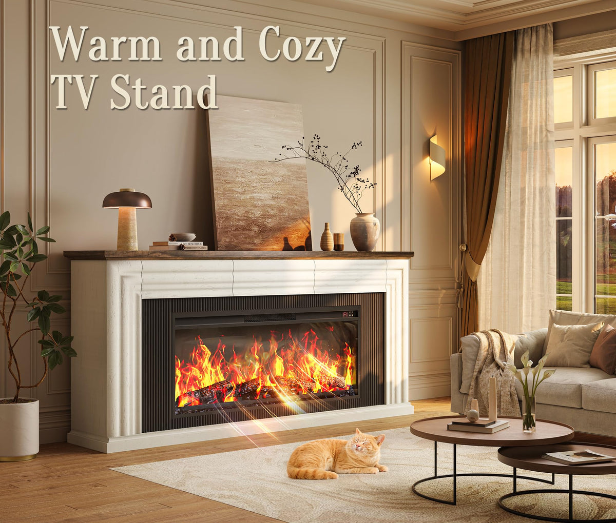 70'' TV Stand with 42'' Electric Fireplace, 3 Drawers, Distressed White P363259