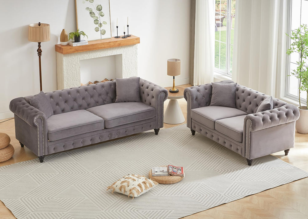 Light Grey Velvet Button Tufted Loveseat Sofa W85782