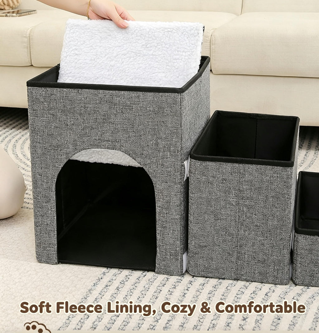 Foldable 3-Step Pet Stairs with Storage & Cat House X9459