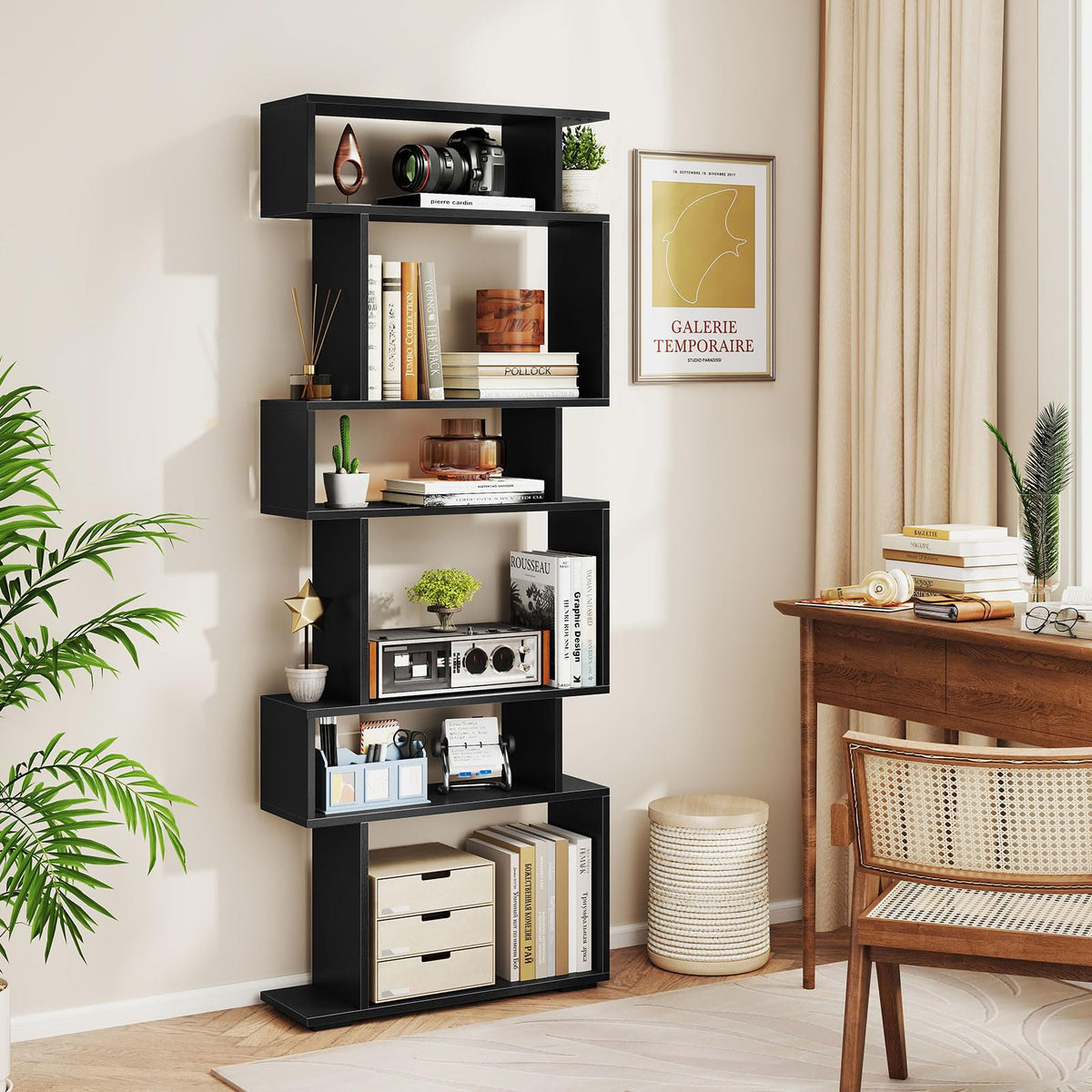 6-Tier S-Shaped Wooden Bookshelf I415