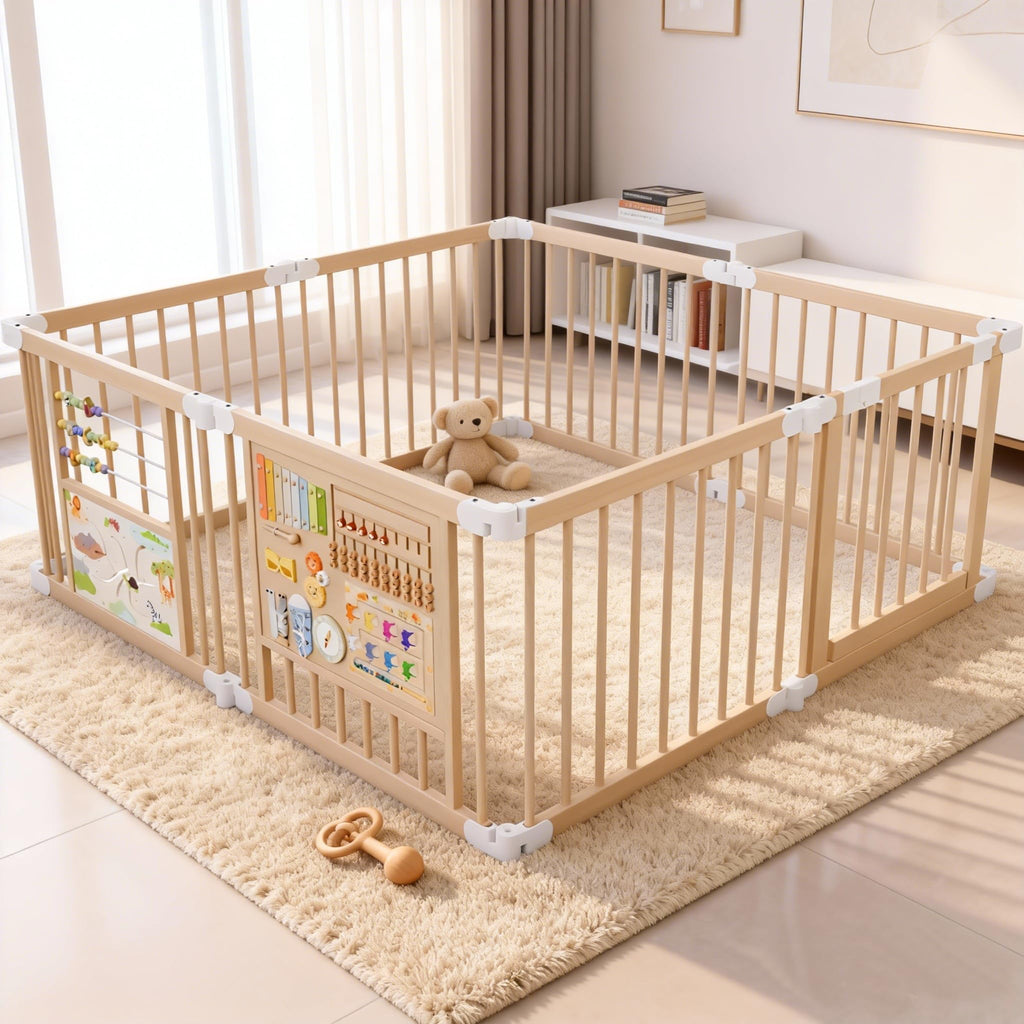 Foldable Wooden Baby Playpen with Toy Set N471