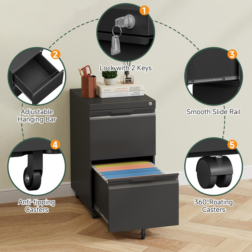 Black 2 Drawer Metal Rolling File Cabinet with Lock B10221