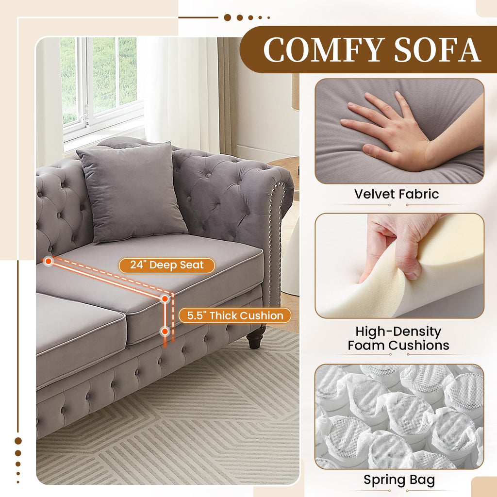 Light Grey Velvet Button Tufted Loveseat Sofa W85782