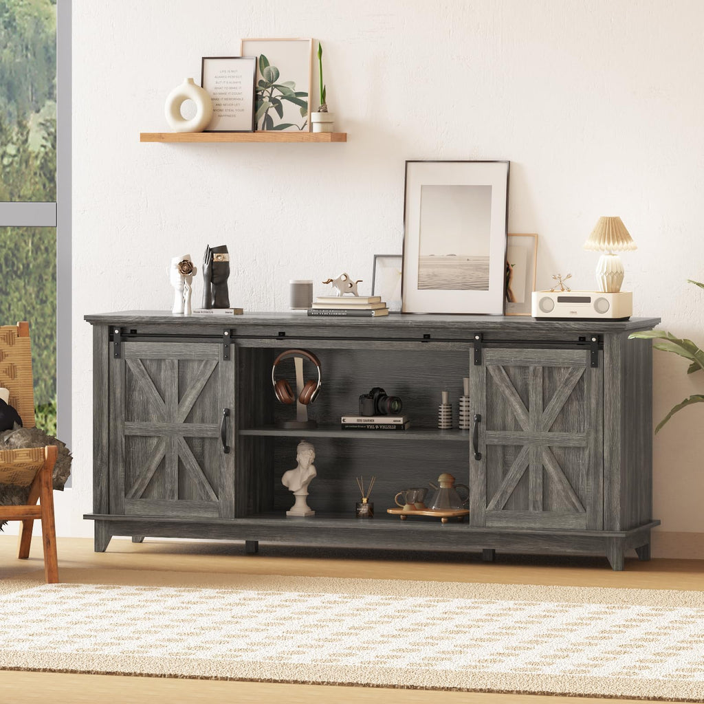 Farmhouse TV Stand Cabinet for 75" Television with Adjustable Shelf & Sliding Barn Doors L171