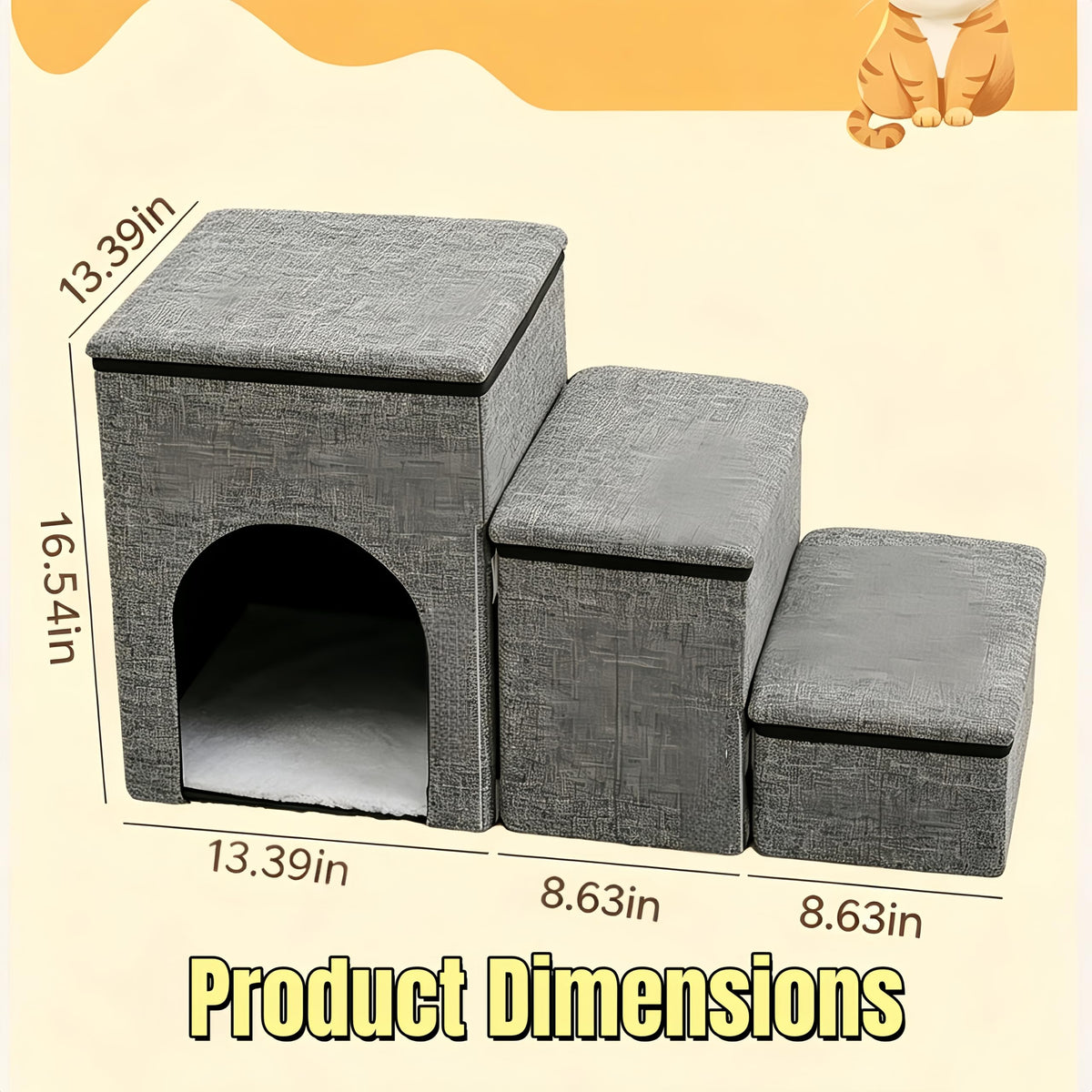 Foldable 3-Step Pet Stairs with Storage & Cat House X9459
