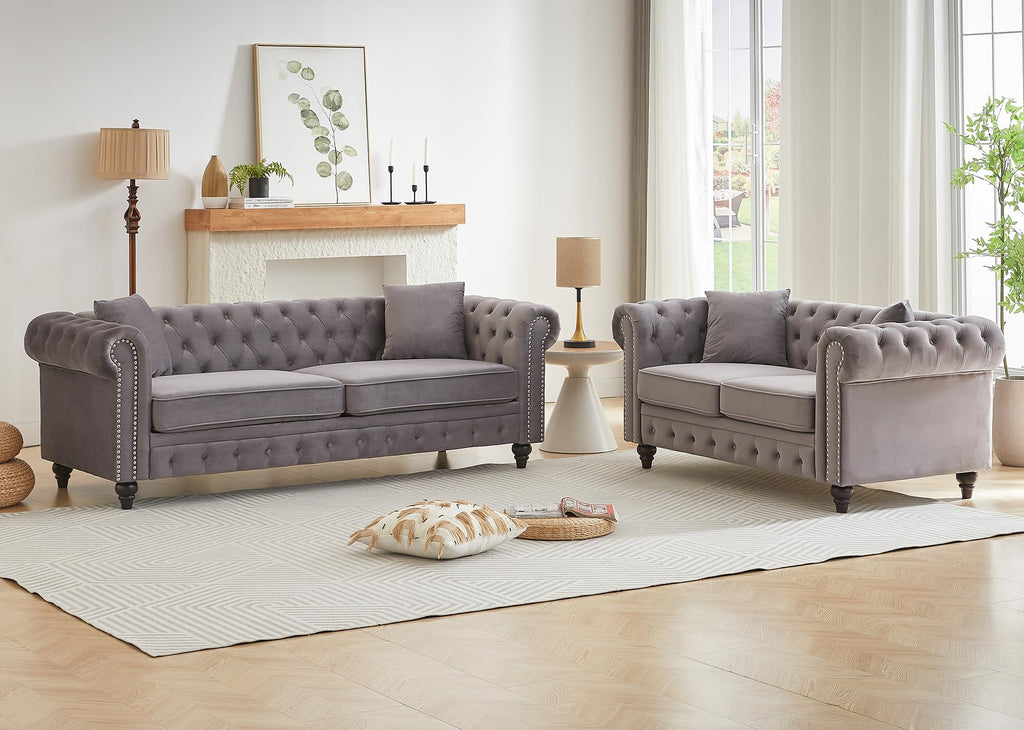 Light Grey Velvet Button Tufted Loveseat Sofa W85782
