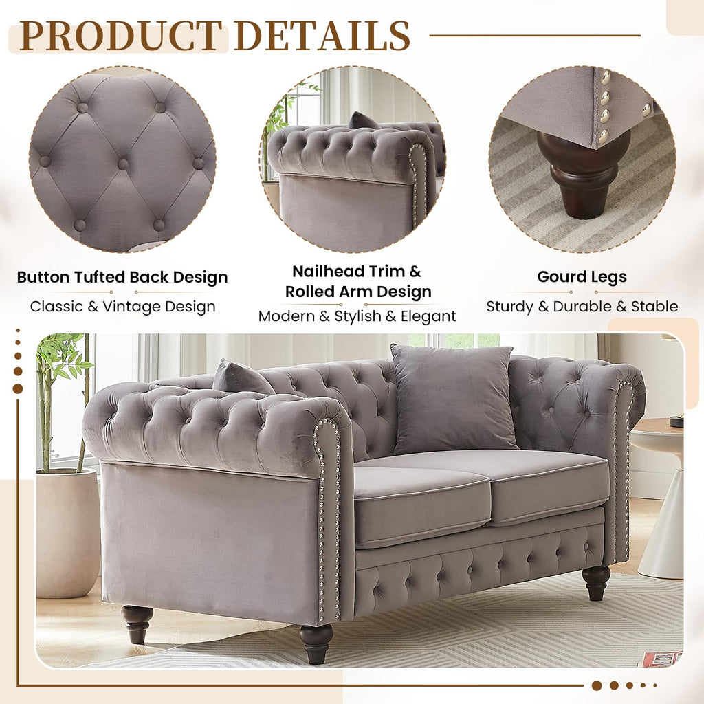 Light Grey Velvet Button Tufted Loveseat Sofa W85782