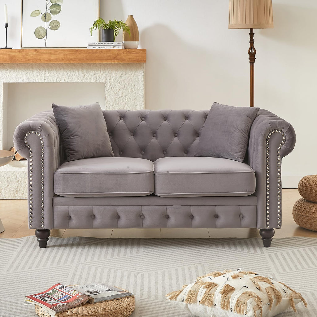 Light Grey Velvet Button Tufted Loveseat Sofa W85782