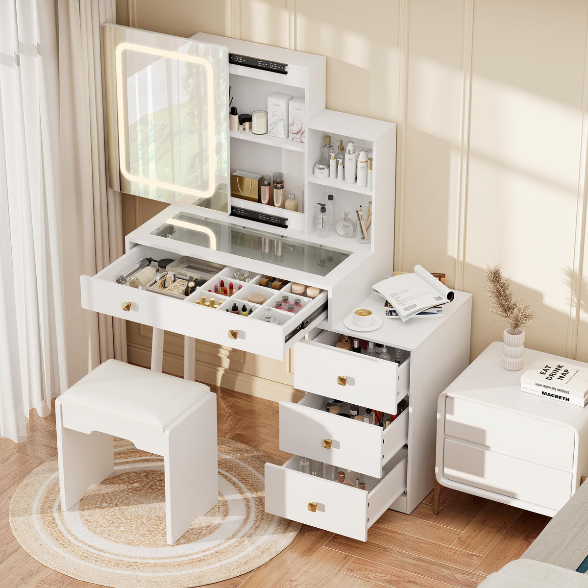 White Vanity Desk with Sliding Mirror and Lights, 4 Drawers, Stool T512279