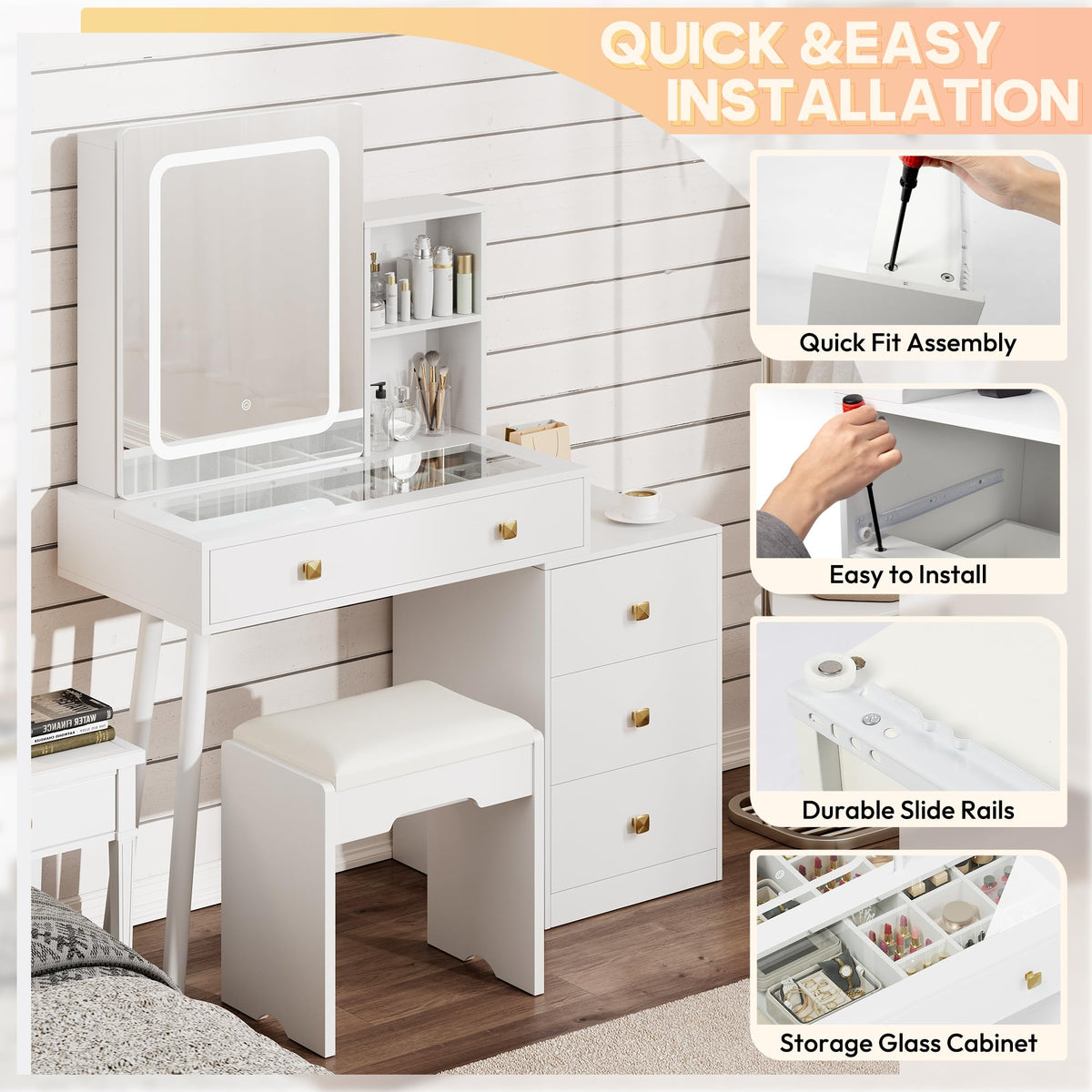 White Vanity Desk with Sliding Mirror and Lights, 4 Drawers, Stool T512279
