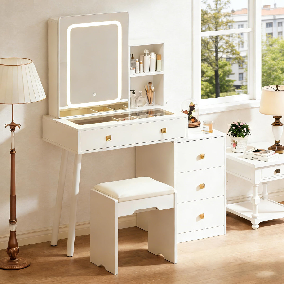 White Vanity Desk with Sliding Mirror and Lights, 4 Drawers, Stool T512279