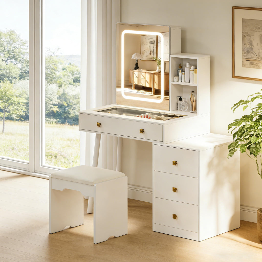 White Vanity Desk with Sliding Mirror and Lights, 4 Drawers, Stool T512279