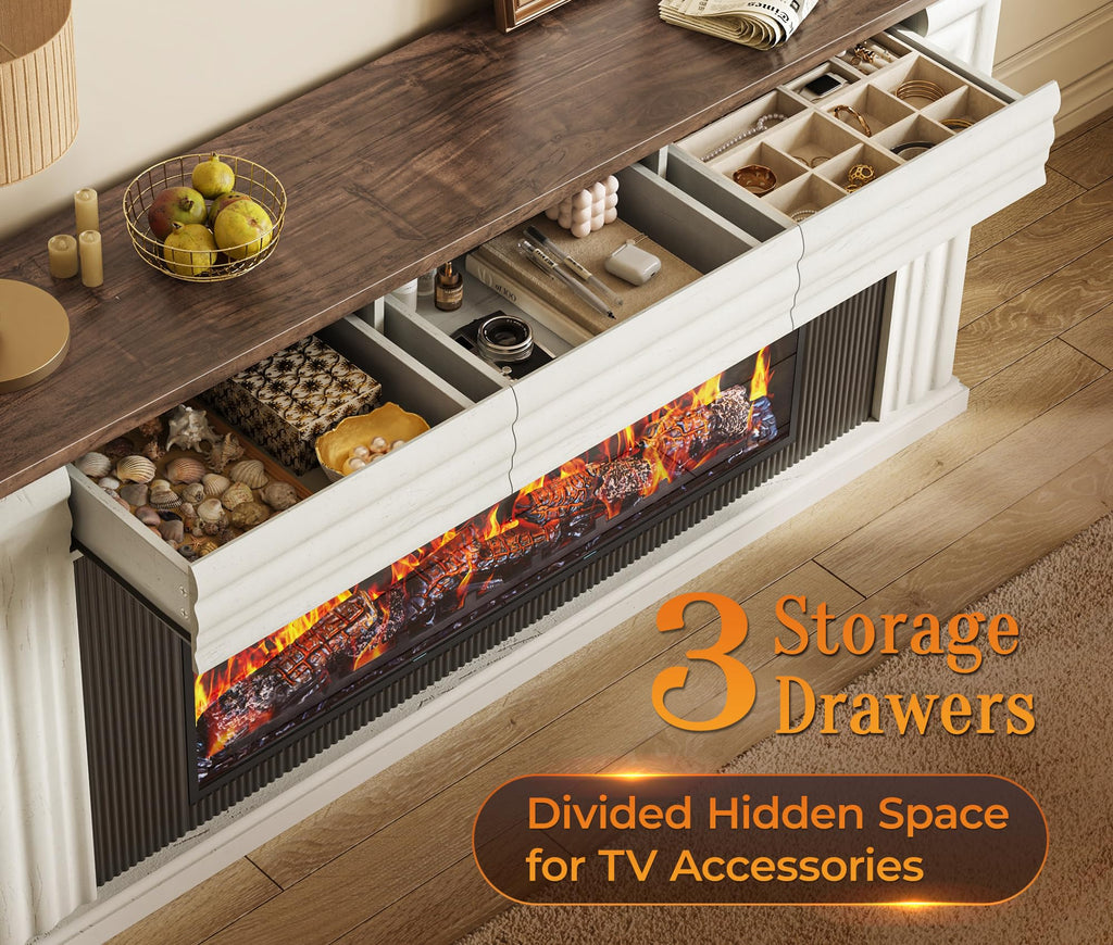 70'' TV Stand with 42'' Electric Fireplace, 3 Drawers, Distressed White P363259