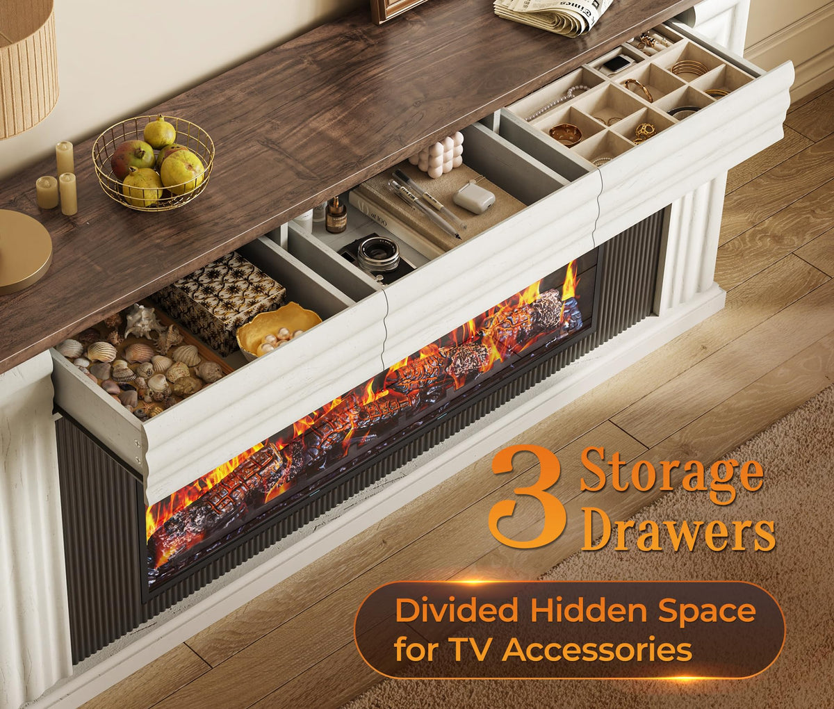 70'' TV Stand with 42'' Electric Fireplace, 3 Drawers, Distressed White P363259