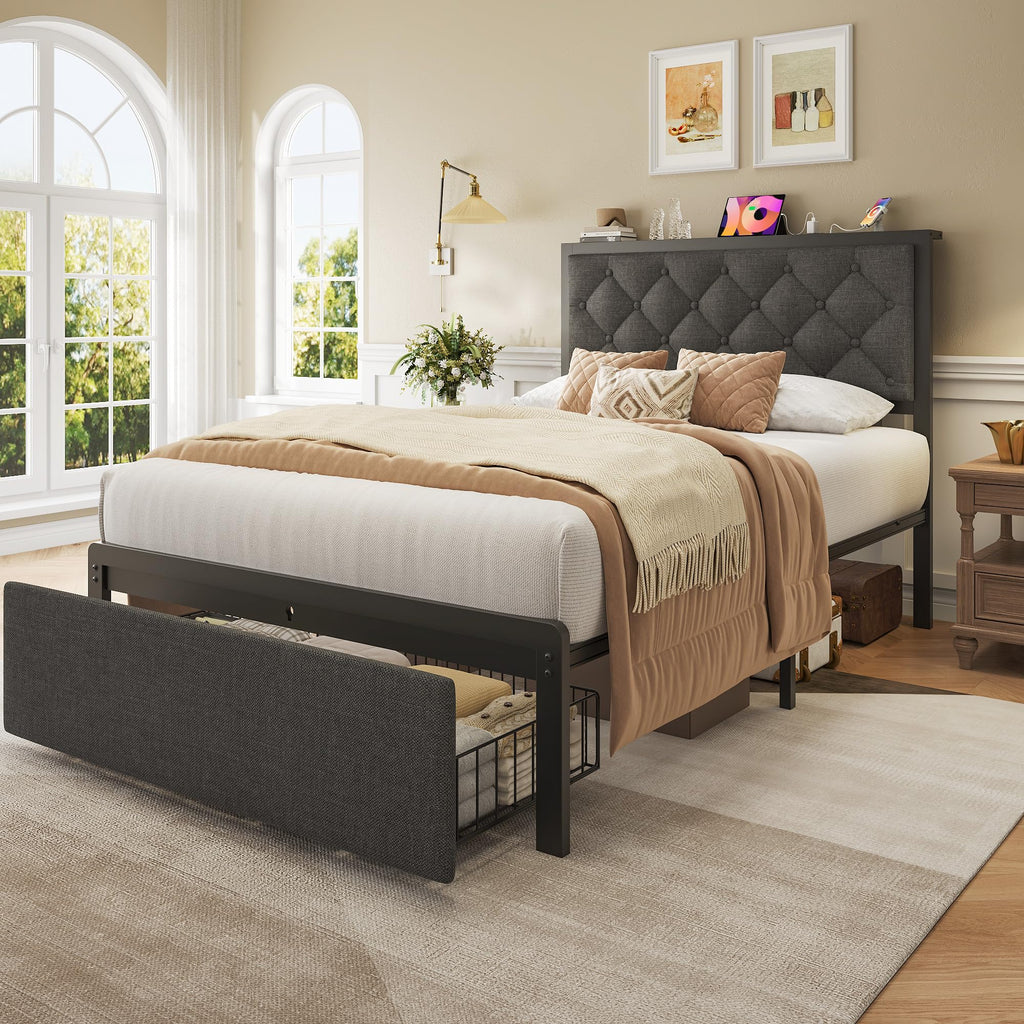 Grey Twin Bed Frame with Storage Drawer V774