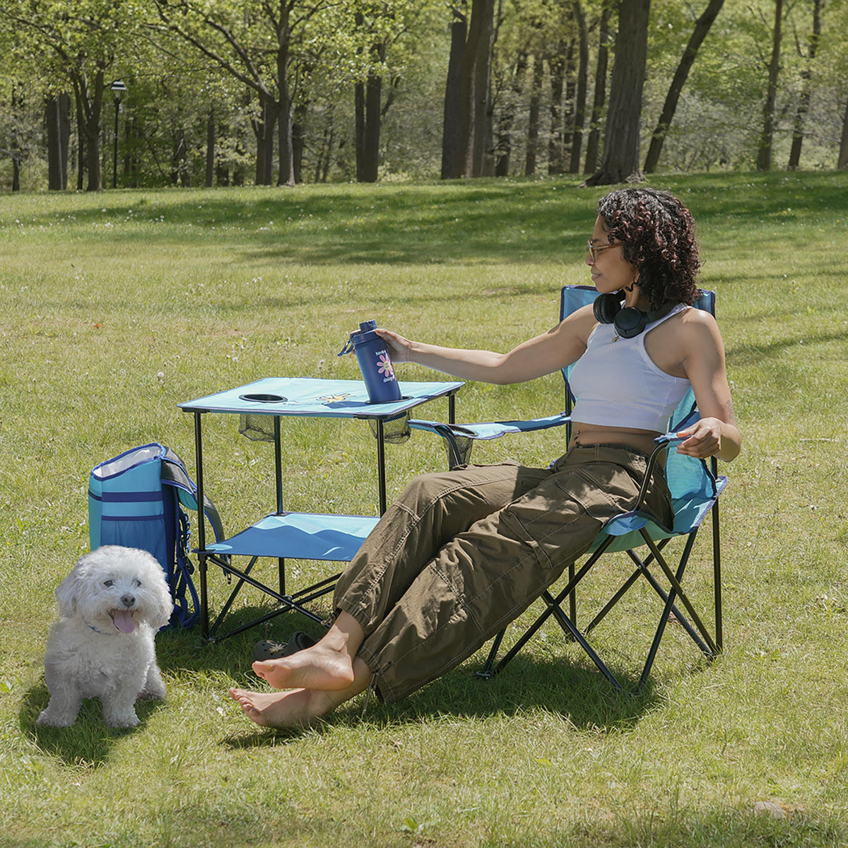 22” Square Compact Outdoor Folding Table with Cup Holders and Carry Bag H24466