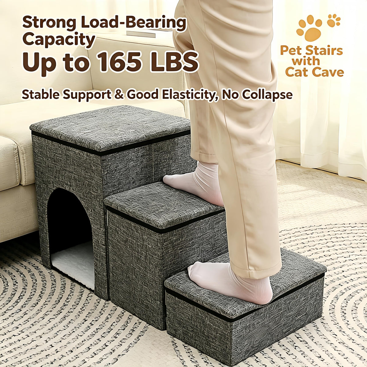 Foldable 3-Step Pet Stairs with Storage & Cat House X9459