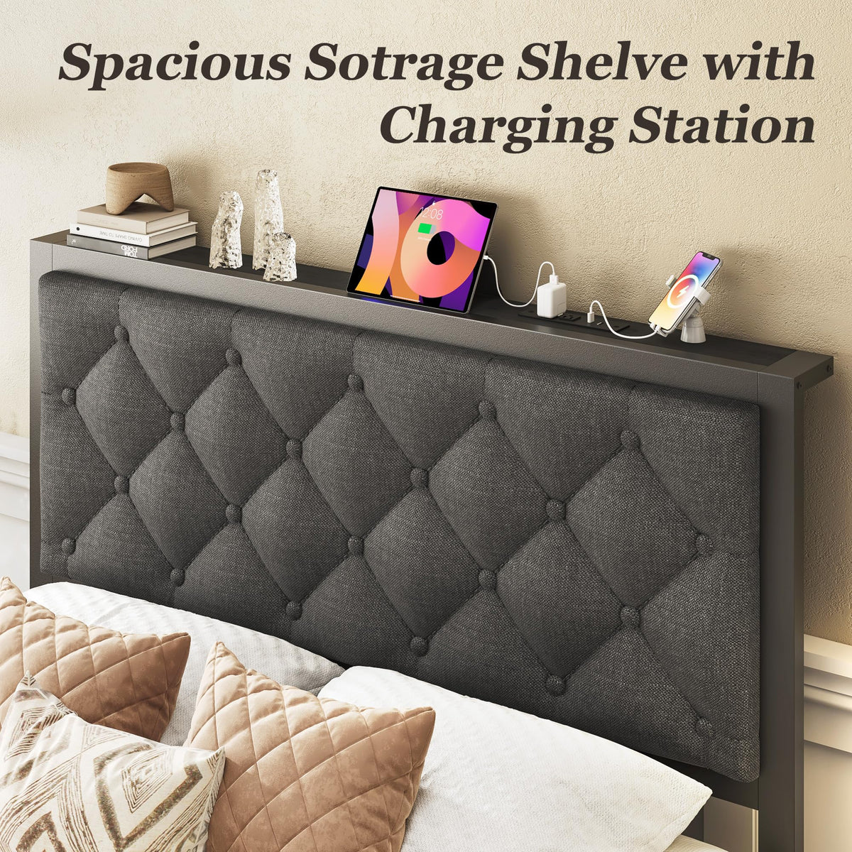 Grey Twin Bed Frame with Storage Drawer V774