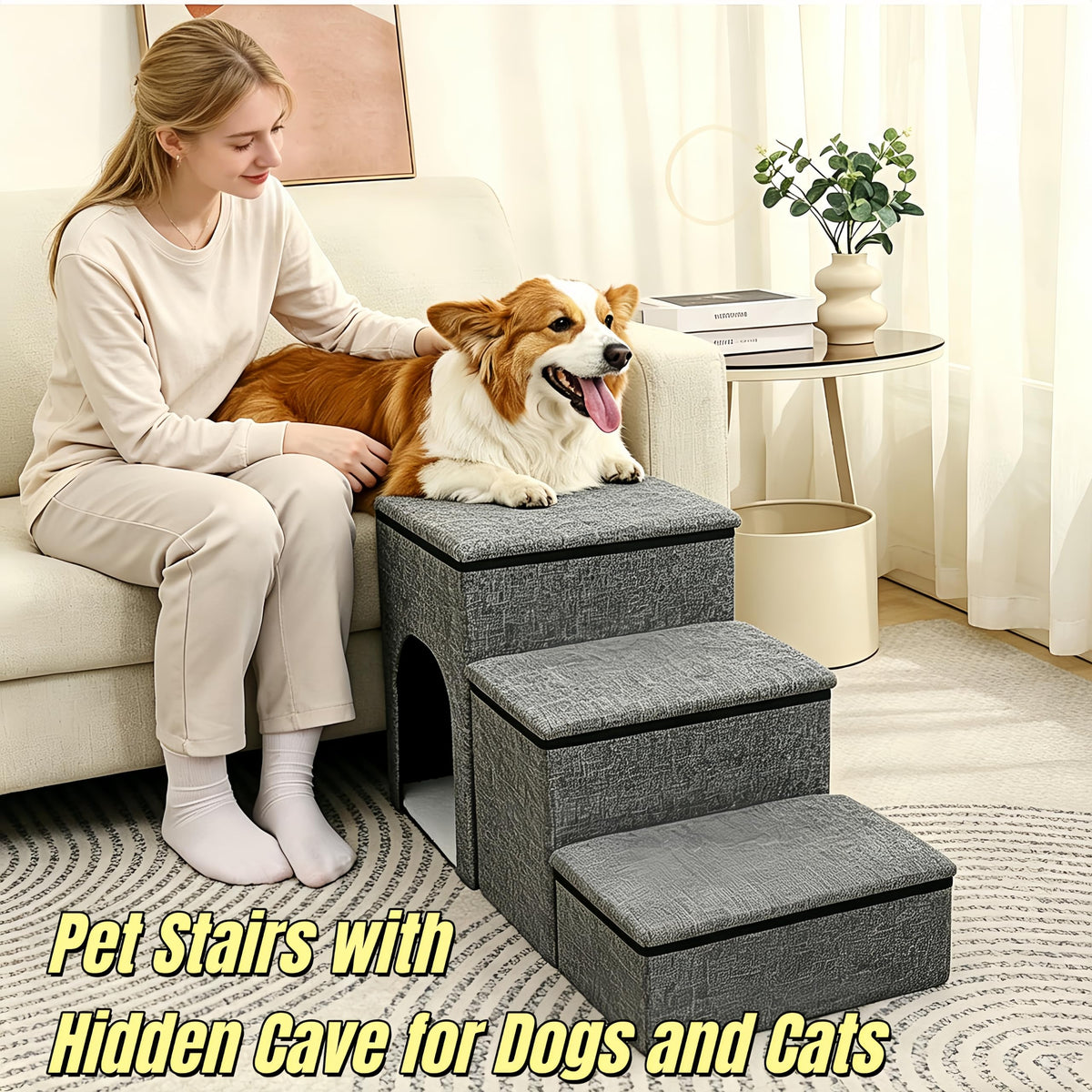 Foldable 3-Step Pet Stairs with Storage & Cat House X9459