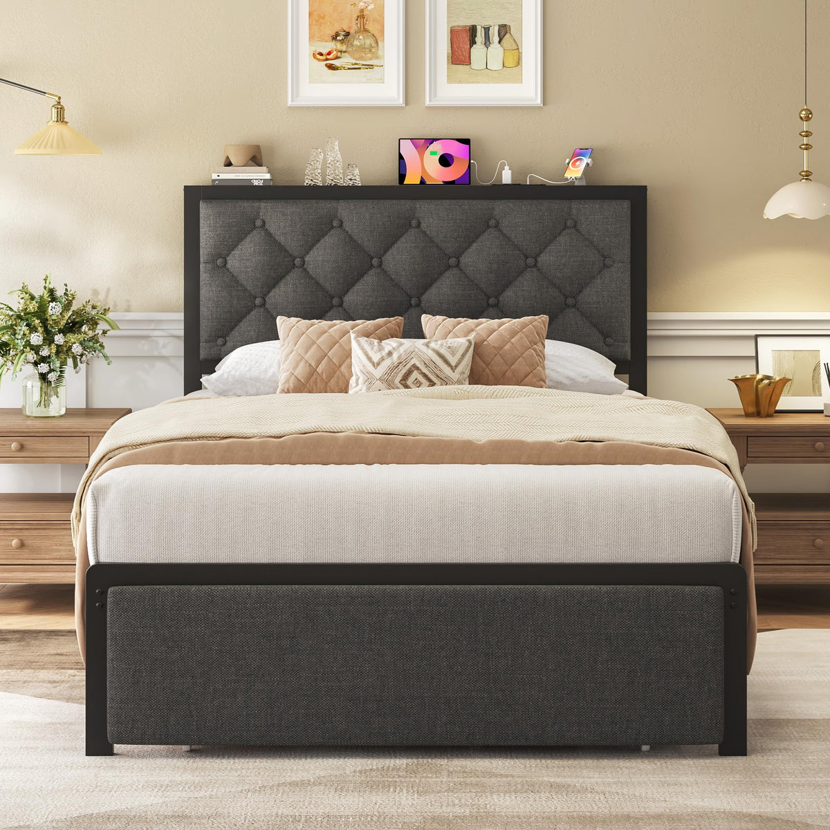 Grey Twin Bed Frame with Storage Drawer V774