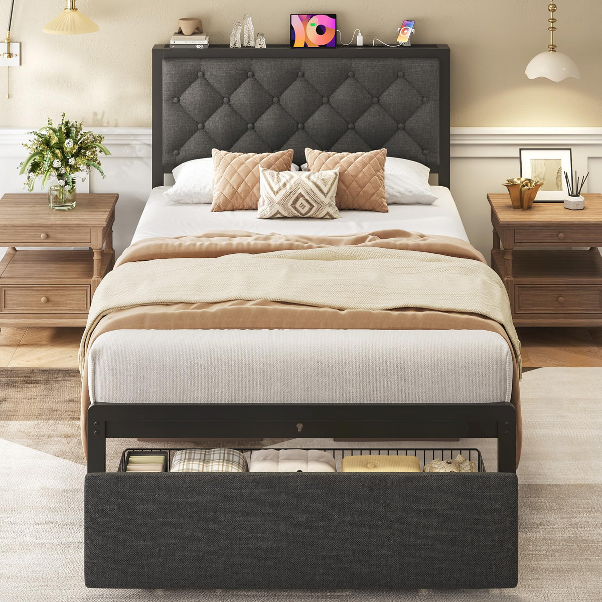 Grey Twin Bed Frame with Storage Drawer V774