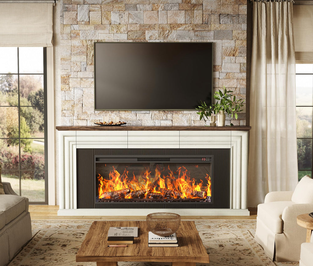 70'' TV Stand with 42'' Electric Fireplace, 3 Drawers, Distressed White P363259