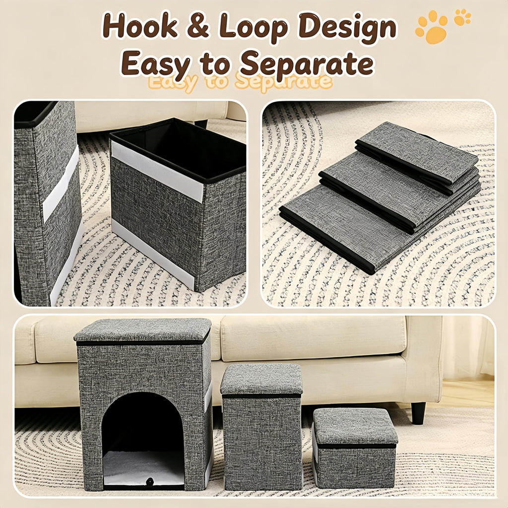 Foldable 3-Step Pet Stairs with Storage & Cat House X9459