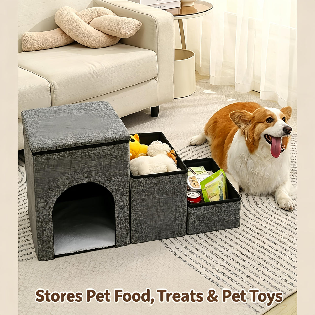 Foldable 3-Step Pet Stairs with Storage & Cat House X9459